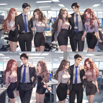 an hyper-real photo, in makoto shinkai style. in a spacious and bright office, a gentle and handsome man in a straight suit is closely attached to two sweet and elegant women wearing fashionable professional clothes. the office is simply arranged with bright lights and office chairs. the interaction among the three is warm. colors are delicate and real. the light is soft, close-up shot.