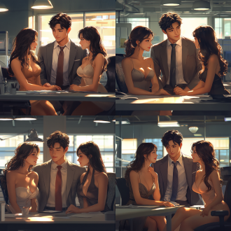 an hyper-real photo, in makoto shinkai style. in a spacious and bright office, a gentle and handsome man in a straight suit is closely attached to two sweet and elegant women wearing fashionable professional clothes. the office is simply arranged with bright lights and office chairs. the interaction among the three is warm. colors are delicate and real. the light is soft, close-up shot，hot figures