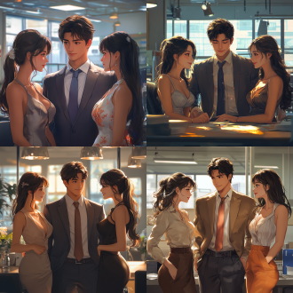 an hyper-real photo, in makoto shinkai style. in a spacious and bright office, a gentle and handsome man in a straight suit is closely attached to two sweet and elegant women wearing fashionable professional clothes. the office is simply arranged with bright lights and office chairs. the interaction among the three is warm. colors are delicate and real. the light is soft, close-up shot，hot figures