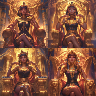 女性法老王，全身照，脸部特写，深色皮肤，曲线优美，细腰，美胸，三围比例优越，王座背景，古埃及风格，黄金饰品，庄严表情，侧光，高对比度，暖色调，广角镜头，神秘感，权力象征，大腿线条流畅