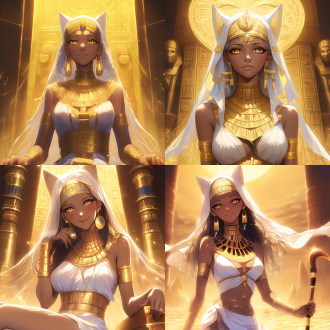 女性法老王，全身照，脸部特写，深色皮肤，曲线优美，细腰，美胸，三围比例优越，王座背景，古埃及风格，黄金饰品，庄严表情，侧光，高对比度，暖色调，广角镜头，神秘感，权力象征，大腿线条流畅
