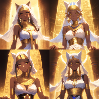 女性法老王，全身照，脸部特写，深色皮肤，曲线优美，细腰，美胸，三围比例优越，王座背景，古埃及风格，黄金饰品，庄严表情，侧光，高对比度，暖色调，广角镜头，神秘感，权力象征，大腿线条流畅