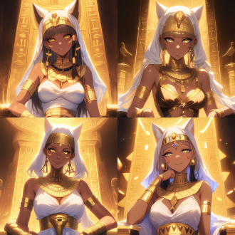 女性法老王，全身照，脸部特写，深色皮肤，曲线优美，细腰，美胸，三围比例优越，王座背景，古埃及风格，黄金饰品，庄严表情，侧光，高对比度，暖色调，广角镜头，神秘感，权力象征，大腿线条流畅