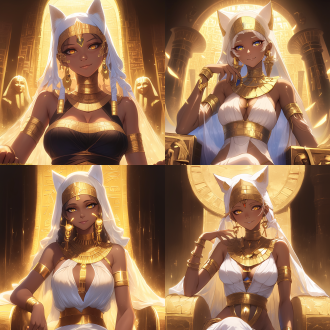 女性法老王，全身照，脸部特写，深色皮肤，曲线优美，细腰，美胸，三围比例优越，王座背景，古埃及风格，黄金饰品，庄严表情，侧光，高对比度，暖色调，广角镜头，神秘感，权力象征，大腿线条流畅