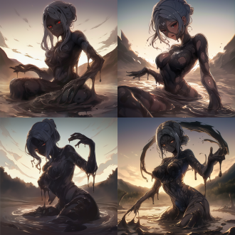 淤泥女神，脸部特写与全身照，身材曲线优美，淤泥浴，淤泥倾泄，冷艳表情，暗色调，低角度拍摄，侧逆光，慢快门，优雅，神秘，淤泥怪，大腿线条流畅