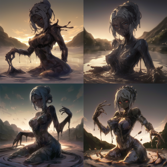 淤泥女神，脸部特写与全身照，身材曲线优美，淤泥浴，淤泥倾泄，冷艳表情，暗色调，低角度拍摄，侧逆光，慢快门，优雅，神秘，淤泥怪，大腿线条流畅