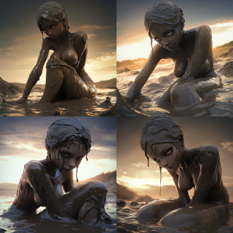 淤泥女神，脸部特写与全身照，身材曲线优美，淤泥浴，淤泥倾泄，冷艳表情，暗色调，低角度拍摄，侧逆光，慢快门，优雅，神秘，淤泥怪，大腿线条流畅