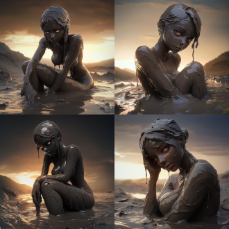 淤泥女神，脸部特写与全身照，身材曲线优美，淤泥浴，淤泥倾泄，冷艳表情，暗色调，低角度拍摄，侧逆光，慢快门，优雅，神秘，淤泥怪，大腿线条流畅