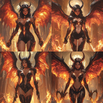 a powerful, dark-haired female figure with a muscular, athletic build, aged mid-20s, stands in a dynamic combat-ready stance. her skin is adorned with intricate, fiery patterns and markings that glow with an inner light, blending seamlessly with her raw form. prominent, curved horns rise from her head, and large, fiery wings extend dramatically behind her, their feathers flickering like living flames. her intense, piercing eyes radiate determination, and her fierce expression conveys raw energy and strength. she grips two bladed weapons, their edges glowing with molten heat, positioned in a defensive yet aggressive pose, ready to strike. the background features a grand, fiery architecture of ornate columns and arches, their surfaces etched with flame-like motifs. the environment is bathed in a fiery palette of oranges, reds, and deep browns, with dramatic lighting casting sharp shadows and highlights on her sculpted muscles and the surrounding flames. the perspective is slightly elevated, emphasizing her commanding presence and the scale of the scene. the anime-inspired style highlights stylized anatomical features, with bold lines and vibrant colors enhancing the intensity. the atmosphere is electrifying, filled with tension and raw power, evoking a sense of imminent battle and unrelenting strength.大上围，复古动漫风格