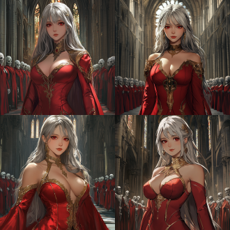 a young, light-skinned woman, likely in her late teens or early twenties, stands in a gothic-style cathedral. she has long, flowing, light gray hair and striking, intense red eyes. her expression is confident and regal. she is wearing a form-fitting, glossy red gown with intricate golden embellishments, revealing her shoulders and upper torso. the gown has a flowing cape. she wears golden jewelry, including a prominent jewel on her lower abdomen. her body is curvaceous and athletic. she is positioned slightly off-center to the left of the image, and is oriented facing forward, looking directly at the viewer. the background features gothic architecture, dark, rich tones, and numerous skeletal figures in red robes. the skeletal figures are positioned in a row behind and to the sides of the main subject. the scene is lit from the upper-mid-section, creating a dramatic and slightly dramatic lighting effect. the colors are predominantly deep reds, grays, and blues, creating a dark and imposing atmosphere. the style is anime-inspired, with exaggerated features and vibrant colors. the overall composition emphasizes the main subject, drawing the viewer's eye to her. the perspective is that of a slightly elevated vantage point.