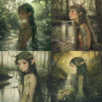 a young, light-skinned female figure, positioned slightly to the left of center in the frame, is depicted in a lush, misty forest setting near a small stream. she is in a three-quarter view, facing slightly to the viewer's right. her long, dark green hair cascades down her back. her expression is serene and peaceful. the figure's body type is curvy and full-figured. she is adorned with elaborate, stylized, light-green floral-like patterns and designs covering most of her body, resembling tattoos or painted adornments. she wears no clothing, and her body appears wet or glistening. she has a light complexion and delicate facial features, including large, expressive eyes and a soft smile. small deer antlers protrude from the top of her head. the forest environment is rendered in soft, muted tones of green and beige, with details like water reflections and patches of sunlight filtering through the foliage. the lighting is diffused, emphasizing the lush greenery and the figure's features. the overall style is anime-inspired, with a focus on beauty and detail. the composition is somewhat dynamic, drawing the eye to the central figure amidst the surrounding environment. the perspective is slightly elevated, creating a sense of depth. important details include the intricate tattoos and the tranquil atmosphere of the forest scene.