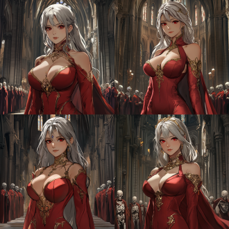 a young, light-skinned woman, likely in her late teens or early twenties, stands in a gothic-style cathedral. she has long, flowing, light gray hair and striking, intense red eyes. her expression is confident and regal. she is wearing a form-fitting, glossy red gown with intricate golden embellishments, revealing her shoulders and upper torso. the gown has a flowing cape. she wears golden jewelry, including a prominent jewel on her lower abdomen. her body is curvaceous and athletic. she is positioned slightly off-center to the left of the image, and is oriented facing forward, looking directly at the viewer. the background features gothic architecture, dark, rich tones, and numerous skeletal figures in red robes. the skeletal figures are positioned in a row behind and to the sides of the main subject. the scene is lit from the upper-mid-section, creating a dramatic and slightly dramatic lighting effect. the colors are predominantly deep reds, grays, and blues, creating a dark and imposing atmosphere. the style is anime-inspired, with exaggerated features and vibrant colors. the overall composition emphasizes the main subject, drawing the viewer's eye to her. the perspective is that of a slightly elevated vantage point.
