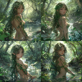 a young, light-skinned female figure, positioned slightly to the left of center in the frame, is depicted in a lush, misty forest setting near a small stream. she is in a three-quarter view, facing slightly to the viewer's right. her long, dark green hair cascades down her back. her expression is serene and peaceful. the figure's body type is curvy and full-figured. she is adorned with elaborate, stylized, light-green floral-like patterns and designs covering most of her body, resembling tattoos or painted adornments. she wears no clothing, and her body appears wet or glistening. she has a light complexion and delicate facial features, including large, expressive eyes and a soft smile. small deer antlers protrude from the top of her head. the forest environment is rendered in soft, muted tones of green and beige, with details like water reflections and patches of sunlight filtering through the foliage. the lighting is diffused, emphasizing the lush greenery and the figure's features. the overall style is anime-inspired, with a focus on beauty and detail. the composition is somewhat dynamic, drawing the eye to the central figure amidst the surrounding environment. the perspective is slightly elevated, creating a sense of depth. important details include the intricate tattoos and the tranquil atmosphere of the forest scene.