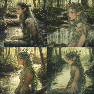 a young, light-skinned female figure, positioned slightly to the left of center in the frame, is depicted in a lush, misty forest setting near a small stream. she is in a three-quarter view, facing slightly to the viewer's right. her long, dark green hair cascades down her back. her expression is serene and peaceful. the figure's body type is curvy and full-figured. she is adorned with elaborate, stylized, light-green floral-like patterns and designs covering most of her body, resembling tattoos or painted adornments. she wears no clothing, and her body appears wet or glistening. she has a light complexion and delicate facial features, including large, expressive eyes and a soft smile. small deer antlers protrude from the top of her head. the forest environment is rendered in soft, muted tones of green and beige, with details like water reflections and patches of sunlight filtering through the foliage. the lighting is diffused, emphasizing the lush greenery and the figure's features. the overall style is anime-inspired, with a focus on beauty and detail. the composition is somewhat dynamic, drawing the eye to the central figure amidst the surrounding environment. the perspective is slightly elevated, creating a sense of depth. important details include the intricate tattoos and the tranquil atmosphere of the forest scene.