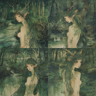 a young, light-skinned female figure, positioned slightly to the left of center in the frame, is depicted in a lush, misty forest setting near a small stream. she is in a three-quarter view, facing slightly to the viewer's right. her long, dark green hair cascades down her back. her expression is serene and peaceful. the figure's body type is curvy and full-figured. she is adorned with elaborate, stylized, light-green floral-like patterns and designs covering most of her body, resembling tattoos or painted adornments. she wears no clothing, and her body appears wet or glistening. she has a light complexion and delicate facial features, including large, expressive eyes and a soft smile. small deer antlers protrude from the top of her head. the forest environment is rendered in soft, muted tones of green and beige, with details like water reflections and patches of sunlight filtering through the foliage. the lighting is diffused, emphasizing the lush greenery and the figure's features. the overall style is anime-inspired, with a focus on beauty and detail. the composition is somewhat dynamic, drawing the eye to the central figure amidst the surrounding environment. the perspective is slightly elevated, creating a sense of depth. important details include the intricate tattoos and the tranquil atmosphere of the forest scene.