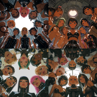 a group of anime-style female characters, positioned in a circle, viewed from directly below. multiple characters of various skin tones and hair colors are shown, each with large eyes, distinct facial features, and various expressions. they are dressed in form-fitting, black leather-like outfits, with zippers and details. different colored accents and accessories are visible on each character, such as animal ears and decorative elements. the characters are depicted with exaggerated features and a stylized physique. the setting appears to be an indoor space with a neutral color scheme and a bright light source. the characters are in close proximity, their bodies touching or overlapping, creating a sense of closeness and unity. the perspective is directly from below, looking up at the characters. the style is stylized anime art, and the composition is circular, creating a focal point. lighting is bright and highlights the detailed features and forms of the figures. the overall atmosphere is energetic, playful