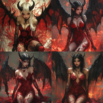 年轻女性恶魔，身材曲线优美，身着红色蕾丝紧身衣。她长着尖角，披着黑色的长发，眼神犀利，面部表情充满侵略性。肌肤呈现雪白，有红色的纹身图案，类似玫瑰花纹饰遍布其身体。翅膀是黑色的，带有尖刺纹理。她正跪伏在一个满是红色火焰状纹理的背景中。她的姿势充满力量与侵略性。色彩鲜艳，光线强烈，营造出一种黑暗、邪恶、超现实的氛围。构图充满活力，视角集中于她的身体，背景模糊，焦点集中于她。整张图片充满艺术感和冲击力。