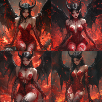 年轻女性恶魔，身材曲线优美，身着红色蕾丝紧身衣。她长着尖角，披着黑色的长发，眼神犀利，面部表情充满侵略性。肌肤呈现雪白，有红色的纹身图案，类似玫瑰花纹饰遍布其身体。翅膀是黑色的，带有尖刺纹理。她正跪伏在一个满是红色火焰状纹理的背景中。她的姿势充满力量与侵略性。色彩鲜艳，光线强烈，营造出一种黑暗、邪恶、超现实的氛围。构图充满活力，视角集中于她的身体，背景模糊，焦点集中于她。整张图片充满艺术感和冲击力。