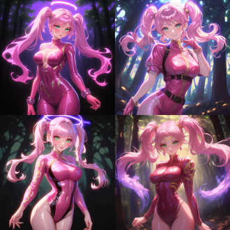 character features - hair: pink twin ponytails, lively and unique. - face: green eyes with a lively sparkle, double eyelids with long lashes, a small nose, and lips slightly pursed with a rosy tint. - body: s-shaped curves, full bust and slender waist, showcasing feminine grace. - clothing: pink tight-fitting jumpsuit, resembling leather with a glossy finish, adorned with geometric and runic patterns, modified qipao collar, and tight cuffs on sleeves and pants, with decorative elements. special effects - purple electric light encircles, forming irregular lightning-like patterns, with varying line thickness, bright areas nearly white, edges faintly purple, and a halo effect when in contact with the body.environment - a dark forest background with deep green and brown as the main tones, tall trees with rough bark, distinct leaf layers, and fallen leaves on the ground, with dappled light filtering through the gaps.style - a blend of anime and fantasy styles, with exaggerated character designs, smooth lines, and bright colors. the clothing, special effects, and background are used to create a sense of fantasy.lighting - the main character is well-lit with bright colors; the background is in a dark tone to highlight the main character; through the contrast of light and shadow, a sense of three-dimensionality is created, emphasizing the pleats of the clothing and the contours of the body