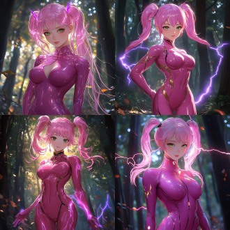 character features - hair: pink twin ponytails, lively and unique. - face: green eyes with a lively sparkle, double eyelids with long lashes, a small nose, and lips slightly pursed with a rosy tint. - body: s-shaped curves, full bust and slender waist, showcasing feminine grace. - clothing: pink tight-fitting jumpsuit, resembling leather with a glossy finish, adorned with geometric and runic patterns, modified qipao collar, and tight cuffs on sleeves and pants, with decorative elements. special effects - purple electric light encircles, forming irregular lightning-like patterns, with varying line thickness, bright areas nearly white, edges faintly purple, and a halo effect when in contact with the body.environment - a dark forest background with deep green and brown as the main tones, tall trees with rough bark, distinct leaf layers, and fallen leaves on the ground, with dappled light filtering through the gaps.style - a blend of anime and fantasy styles, with exaggerated character designs, smooth lines, and bright colors. the clothing, special effects, and background are used to create a sense of fantasy.lighting - the main character is well-lit with bright colors; the background is in a dark tone to highlight the main character; through the contrast of light and shadow, a sense of three-dimensionality is created, emphasizing the pleats of the clothing and the contours of the body