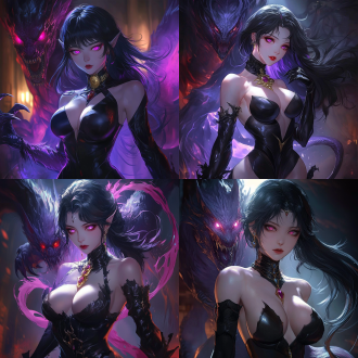 画面中央是一位极具魅力的女性形象。她留着一头乌黑亮丽的长发，发丝柔顺且光泽感十足，自然垂落在肩头与胸前，部分发丝在身后与神秘的光影交织。她的面容精致冷艳，双眼透着深邃的紫红色光芒，仿佛隐藏着无尽的神秘力量，微微张开的红唇好似在诉说着不为人知的秘密。 她身着一件黑色的紧身服饰，材质看起来类似皮质，贴身的剪裁完美勾勒出她曼妙的身材曲线。胸部丰满，服饰上装饰着精致的蕾丝花纹，增添了几分色气与优雅，领口深邃，展现出迷人的锁骨与修长的脖颈。脖子上戴着一条简约的黑色项圈，项圈中间镶嵌着亮色的装饰，成为整体造型的点睛之笔。她的手臂上戴着黑色的长手套，质感细腻，与整体服饰风格相呼应。 在她的身后，一只狰狞的怪物若隐若现。怪物有着尖锐的獠牙和巨大的爪子，暗紫色的皮肤和身上的纹理细节清晰可见，仿佛下一秒就要破体而出，给人强烈的视觉冲击和紧张感。怪物身上散发着淡淡的紫色光芒，与女性角色身上的色彩相呼应，营造出一种神秘而诡异的氛围。 背景以深色调为主，暗影重重，模糊的背景突出了主体人物和怪物，使得整个画面的神秘感和暗黑风格更加浓郁。整体画面通过细腻的笔触和独特的色彩搭配，展现出一种奇幻、神秘且略带惊悚的氛围。