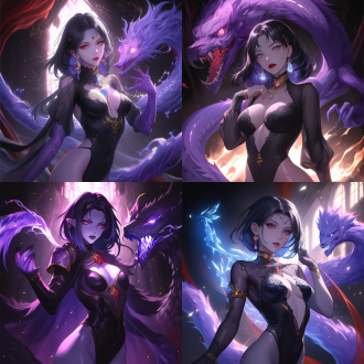 画面中央是一位极具魅力的女性形象。她留着一头乌黑亮丽的长发，发丝柔顺且光泽感十足，自然垂落在肩头与胸前，部分发丝在身后与神秘的光影交织。她的面容精致冷艳，双眼透着深邃的紫红色光芒，仿佛隐藏着无尽的神秘力量，微微张开的红唇好似在诉说着不为人知的秘密。 她身着一件黑色的紧身服饰，材质看起来类似皮质，贴身的剪裁完美勾勒出她曼妙的身材曲线。胸部丰满，服饰上装饰着精致的蕾丝花纹，增添了几分色气与优雅，领口深邃，展现出迷人的锁骨与修长的脖颈。脖子上戴着一条简约的黑色项圈，项圈中间镶嵌着亮色的装饰，成为整体造型的点睛之笔。她的手臂上戴着黑色的长手套，质感细腻，与整体服饰风格相呼应。 在她的身后，一只狰狞的怪物若隐若现。怪物有着尖锐的獠牙和巨大的爪子，暗紫色的皮肤和身上的纹理细节清晰可见，仿佛下一秒就要破体而出，给人强烈的视觉冲击和紧张感。怪物身上散发着淡淡的紫色光芒，与女性角色身上的色彩相呼应，营造出一种神秘而诡异的氛围。 背景以深色调为主，暗影重重，模糊的背景突出了主体人物和怪物，使得整个画面的神秘感和暗黑风格更加浓郁。整体画面通过细腻的笔触和独特的色彩搭配，展现出一种奇幻、神秘且略带惊悚的氛围。