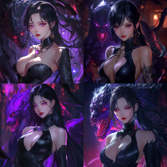 画面中央是一位极具魅力的女性形象。她留着一头乌黑亮丽的长发，发丝柔顺且光泽感十足，自然垂落在肩头与胸前，部分发丝在身后与神秘的光影交织。她的面容精致冷艳，双眼透着深邃的紫红色光芒，仿佛隐藏着无尽的神秘力量，微微张开的红唇好似在诉说着不为人知的秘密。 她身着一件黑色的紧身服饰，材质看起来类似皮质，贴身的剪裁完美勾勒出她曼妙的身材曲线。胸部丰满，服饰上装饰着精致的蕾丝花纹，增添了几分色气与优雅，领口深邃，展现出迷人的锁骨与修长的脖颈。脖子上戴着一条简约的黑色项圈，项圈中间镶嵌着亮色的装饰，成为整体造型的点睛之笔。她的手臂上戴着黑色的长手套，质感细腻，与整体服饰风格相呼应。 在她的身后，一只狰狞的怪物若隐若现。怪物有着尖锐的獠牙和巨大的爪子，暗紫色的皮肤和身上的纹理细节清晰可见，仿佛下一秒就要破体而出，给人强烈的视觉冲击和紧张感。怪物身上散发着淡淡的紫色光芒，与女性角色身上的色彩相呼应，营造出一种神秘而诡异的氛围。 背景以深色调为主，暗影重重，模糊的背景突出了主体人物和怪物，使得整个画面的神秘感和暗黑风格更加浓郁。整体画面通过细腻的笔触和独特的色彩搭配，展现出一种奇幻、神秘且略带惊悚的氛围。