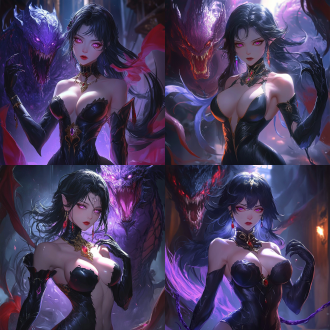 画面中央是一位极具魅力的女性形象。她留着一头乌黑亮丽的长发，发丝柔顺且光泽感十足，自然垂落在肩头与胸前，部分发丝在身后与神秘的光影交织。她的面容精致冷艳，双眼透着深邃的紫红色光芒，仿佛隐藏着无尽的神秘力量，微微张开的红唇好似在诉说着不为人知的秘密。 她身着一件黑色的紧身服饰，材质看起来类似皮质，贴身的剪裁完美勾勒出她曼妙的身材曲线。胸部丰满，服饰上装饰着精致的蕾丝花纹，增添了几分色气与优雅，领口深邃，展现出迷人的锁骨与修长的脖颈。脖子上戴着一条简约的黑色项圈，项圈中间镶嵌着亮色的装饰，成为整体造型的点睛之笔。她的手臂上戴着黑色的长手套，质感细腻，与整体服饰风格相呼应。 在她的身后，一只狰狞的怪物若隐若现。怪物有着尖锐的獠牙和巨大的爪子，暗紫色的皮肤和身上的纹理细节清晰可见，仿佛下一秒就要破体而出，给人强烈的视觉冲击和紧张感。怪物身上散发着淡淡的紫色光芒，与女性角色身上的色彩相呼应，营造出一种神秘而诡异的氛围。 背景以深色调为主，暗影重重，模糊的背景突出了主体人物和怪物，使得整个画面的神秘感和暗黑风格更加浓郁。整体画面通过细腻的笔触和独特的色彩搭配，展现出一种奇幻、神秘且略带惊悚的氛围。