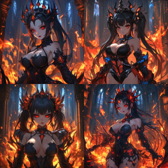 on the main part of the screen, she has a head of long, jet-black hair, adorned with an exaggerated, spike-shaped headpiece. her dark-toned attire is embellished with red decorations, and her skin contrasts sharply with the black clothing. her bosoms are prominently high, and she wears a delicate collar around her neck, with her overall attire exuding mystery and majesty. in the background, the pillars and stained glass of the gothic architecture are faintly visible against the backdrop of raging flames. the fiery tongues are wildly swirling, and smoke is, creating an atmosphere of tension and mystery