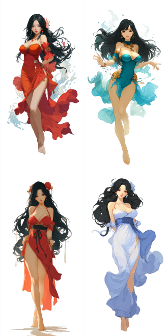 2. 5 d cgi anime , ((ethereal chinese anime)), xianxia style. the main subject is charming oriental belle, she has long, shiny black hair, part of which cascades down her back like a waterfall. curved body.full bosom. manga.