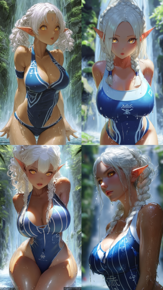 精灵女性，白色卷发编辫，尖耳朵，金色眼眸，蓝白相间连体泳衣，泳衣有白色线条和标志，身体带水珠，户外瀑布场景，周围绿植，近景，写实动漫风格，光影效果明显