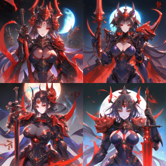 女性身穿暗黑机甲，面容清冷绝美，五官精细，面部戴着般若面具，身材曲线优美，上身一身紧身盔甲，爆发出来黑暗气息，眼睛是红色要非常酷炫，十分有压迫感，身上有许多点缀，手持暗红色唐刀的刀柄，身后有一些同类