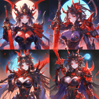 女性身穿暗黑机甲，面容清冷绝美，五官精细，面部戴着般若面具，身材曲线优美，上身一身紧身盔甲，爆发出来黑暗气息，眼睛是红色要非常酷炫，十分有压迫感，身上有许多点缀，手持暗红色唐刀的刀柄，身后有一些同类