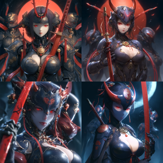 女性身穿暗黑机甲，面容清冷绝美，五官精细，面部戴着般若面具，身材曲线优美，上身一身紧身盔甲，爆发出来黑暗气息，眼睛是红色要非常酷炫，十分有压迫感，身上有许多点缀，手持暗红色唐刀的刀柄，身后有一些同类