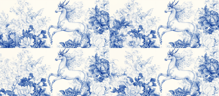 如意印花图案，敦煌元素，飞天仙女，九色鹿，飞马，牡丹花，青花瓷，茹伊印花风格，高细节，单色线稿，高清图，对称构图，柔和光线，细腻纹理，神秘氛围，古典美学，东方韵味，精致线条，静谧场景，文化融合。