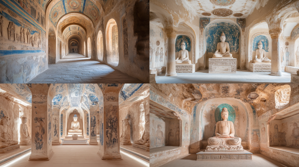 莫高窟建筑，茹依印花风格，全身图案，白底蓝色线条，高清图，柔和光纤，新闻了，古典美学，精致线条，对称构图，细节丰富，壁画风格，自然光，长焦镜头，静态，宁静，文化底蕴。