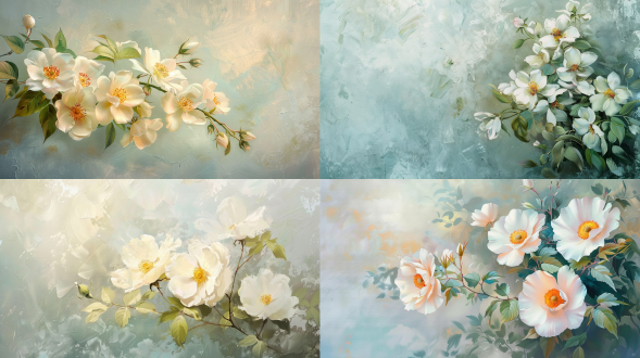 油画风格，白色带粉调花朵、黄色花蕊、嫩绿叶子花枝，浅灰蓝渐变背景有纹理，三分法构图，暖光，柔和色彩，宁静氛围。