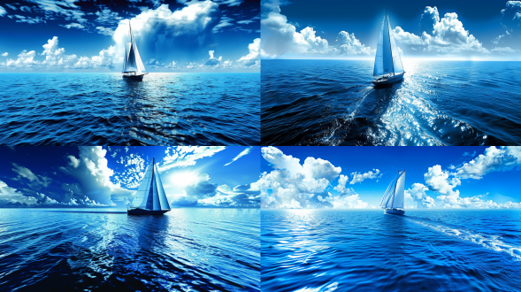 帆船海洋，远景构图，蓝天白云，广阔海域，长焦镜头，自然光，平静海面，白色帆船，蓝色天空，宁静氛围。