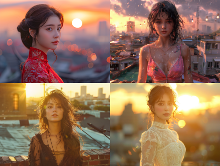 东方女性，天台，都市天际线，皮尔斯风格，宫崎骏背景，时尚摄影，半身人像，高分辨率，温暖氛围，复杂细节，广角镜头，侧光，暖色调，细腻表情，都市风情，艺术感。