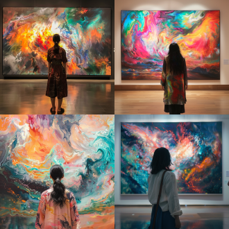 a scene of an eastern woman viewed from the back, standing in an art gallery. she is looking at a vibrant, abstract painting that resembles a storm. the painting's presence adds a sense of grandeur to the overall tranquil atmosphere. the scene combines elements of serenity and powerful energy, captured in rich, vivid colors.