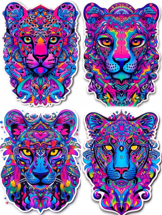 贴纸图片，豹子头为主体，波西米亚民族风格，扁平化设计，正面视角，高清晰度，细节丰富，4k分辨率，oc渲染器，鲜艳色彩，简洁线条，可爱表情，平面构图，明亮背景，清晰边缘，生动活泼。