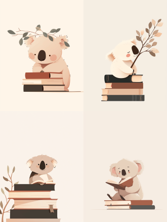 考拉趴在巨大的书堆上，细致线条绘制，无背景，视觉中心为考拉的俏皮表情，可爱卡通风格矢量绘制，鲜艳色彩，中心构图，简化透视，，活泼可爱感情氛围，
