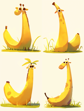 一只香蕉长颈鹿，脖子是香蕉剥皮，草地背景，豆豆眼，侧视图，纯色填充，扁平插画，矢量风格，平面形式，白色背景，平面透视，浅白色和绿色，简约曲线美，全身，专注关节连接，有趣幽默
