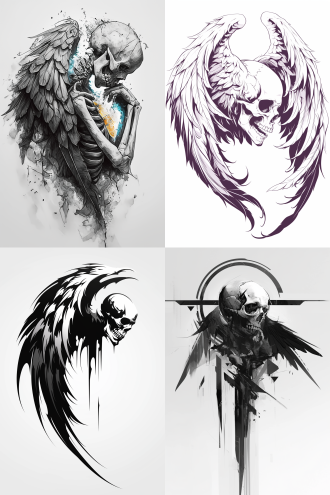 一个黑白纹身设计，侧面骷髅天使图腾，极简主义，没有复杂细节，矢量绘制，骷髅头上有一对翅膀,翅膀收起交叉遮住眼窝位置，头上有天使光圈，抽象化，有翅膀元素，没有复杂结构，线条描边，简单颜色填充，没有背景，中心构图，神秘感，特写视角图，白色背景，以骷髅头为视觉中心