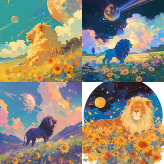 在满天星花丛和向日回花丛中，一只狮子望向木星，全景构图，色彩明朗，宁静，神秘。