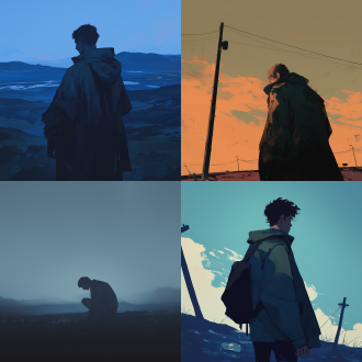 男生背影，画面简约，荒芜旷野中，冷色调，长焦镜头，逆光，高清晰度8k，静止，孤寂落寞，暗影元素。