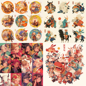 12生肖卡通形象，新年，单独展示，细节，