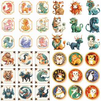 12生肖动物卡通形象，新年，特写九宫格排布，整齐排列，白色背景，卡通，线条艺术，贴纸艺术设计，精致的细节，超高清