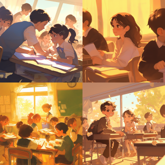 中学生男女在课堂接受教育，卡通风格，丰富细节，可爱表情，温馨氛围，中景，柔和光，暖色调，互动，和谐 。