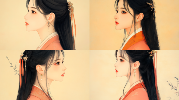 清代黑长直发女孩，粉色汉服，缠绕珠宝，圆脸，侧脸，极简主义肖像，哑光浅黄色背景，清脆新流行插图，全景视角，大胆版画，高对比度，暖色调，柔和光线，细腻笔触，古典美学，幸福表情，传统服饰，精致细节，柔和色彩，温馨氛围。
